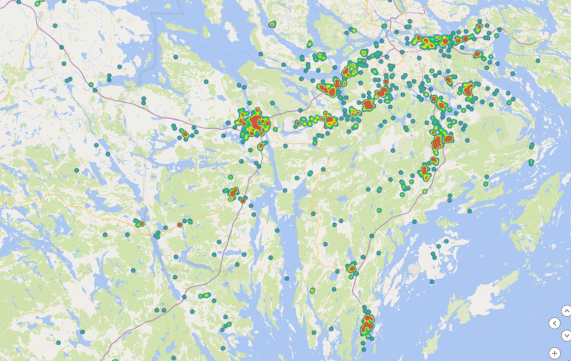Karta med markeringar på platser för suicidhändelser. Ofta inträffar de vid järnväg och broar.